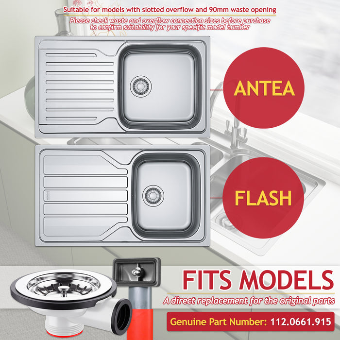 Franke 90mm Antea Flash Sink Waste Strainer Basket + Overflow Kit Genuine Replacement Set (112.0661.915)