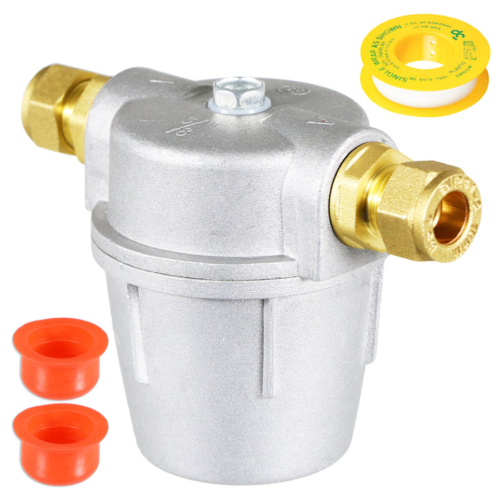 Boiler Filter 3/8" Aluminium Inline Central Heating Oil Fired Fuel Strainer Bowl + PTFE Tape + 2 x 10mm Compression Connectors