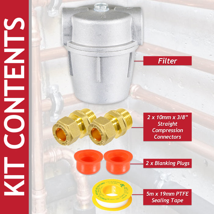 Boiler Filter 3/8" Aluminium Inline Central Heating Oil Fired Fuel Strainer Bowl + PTFE Tape + 2 x 10mm Compression Connectors