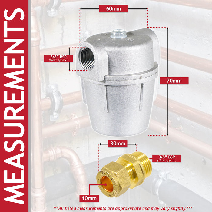 Boiler Filter 3/8" Aluminium Inline Central Heating Oil Fired Fuel Strainer Bowl + PTFE Tape + 2 x 10mm Compression Connectors