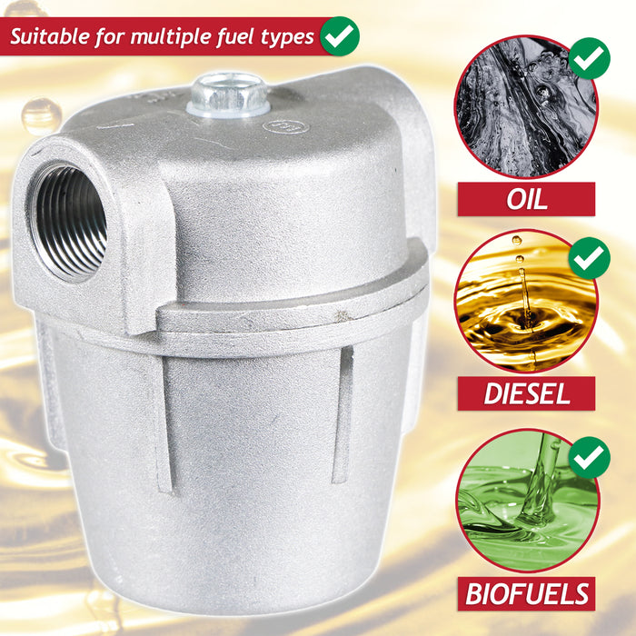 Boiler Filter 3/8" Aluminium Inline Central Heating Oil Fired Fuel Strainer Bowl + 2 x 10mm Compression Connectors