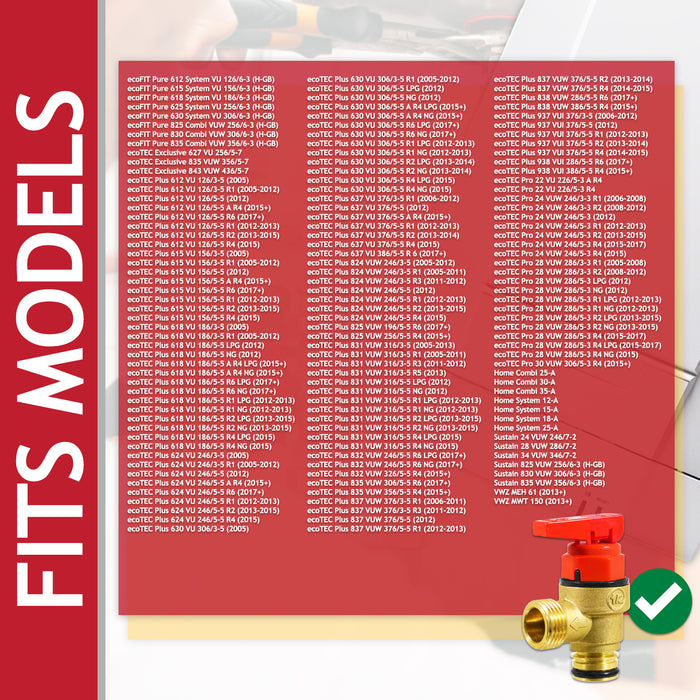 Pressure Relief Valve for Vaillant ecoFIT ecoTEC Plus Pro VU VUW Boiler 3 Bar 1/2" Safety PRV (178985)