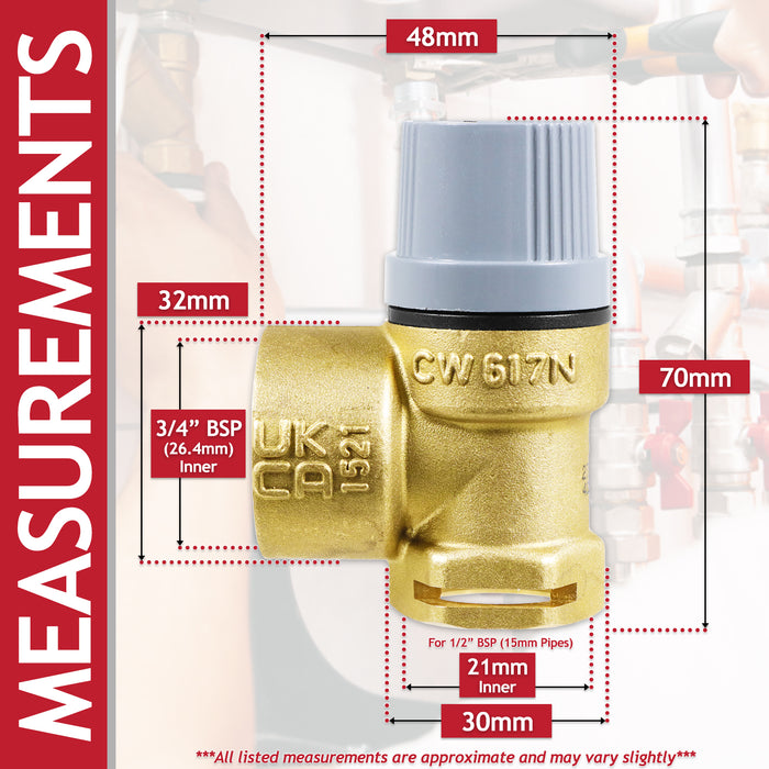 Pressure Relief Valve for Vaillant Thermocompact Turbomax Plus Pro VU VUW Boiler 3 Bar 3/4" x 1/2" Safety PRV (190732)