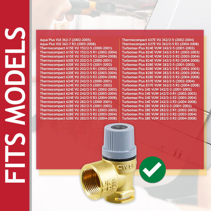 Pressure Relief Valve for Vaillant Thermocompact Turbomax Plus Pro VU VUW Boiler 3 Bar 3/4" x 1/2" Safety PRV (190732)