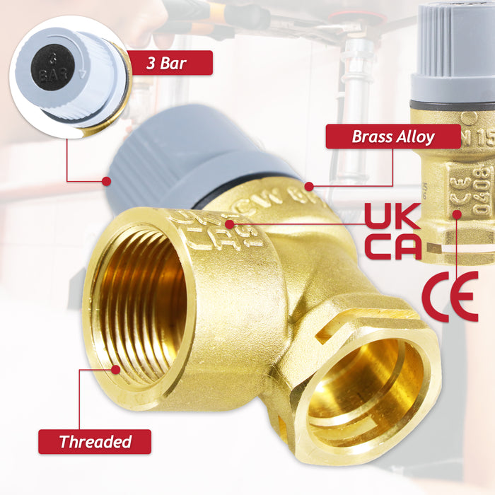 Pressure Relief Valve for Vaillant Thermocompact Turbomax Plus Pro VU VUW Boiler 3 Bar 3/4" x 1/2" Safety PRV (190732)
