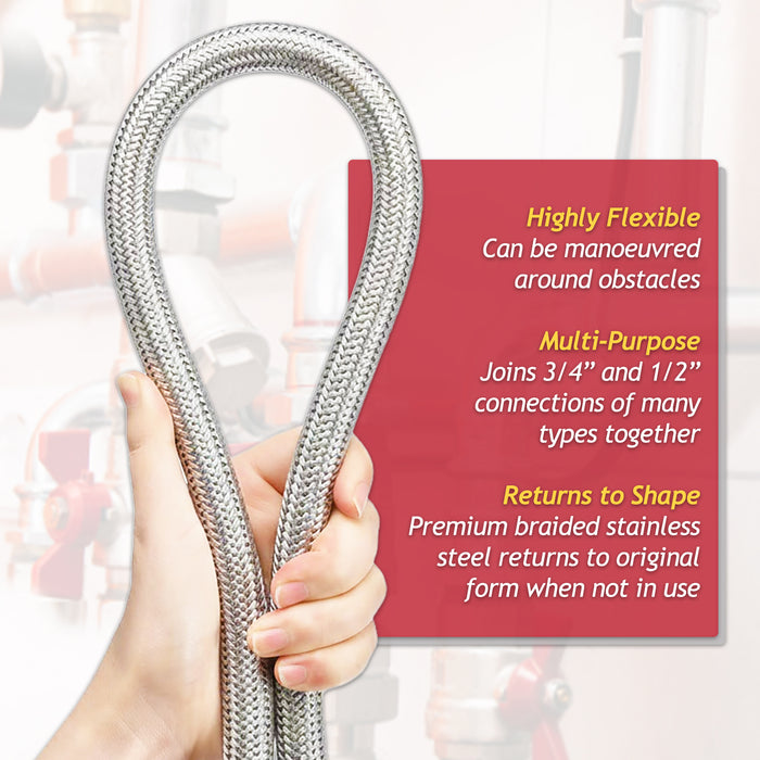 Flexible Braided Hose Pipe Washing Machine Dishwasher Toilet Cistern Stainless Steel Connector (3/4" Female x 1/2" Male, 500mm)