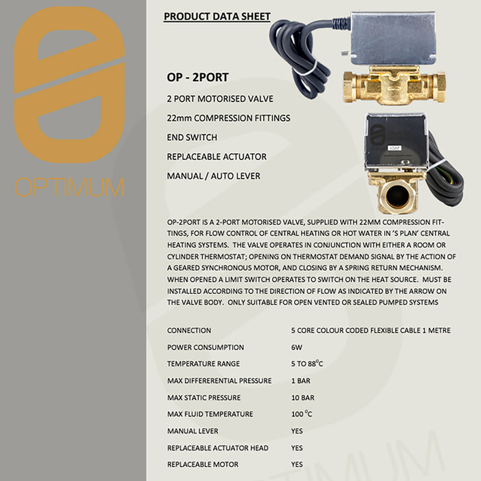 Optimum 22mm Zone Valve 2 Port Motorised 5 Wire Central Heating / Boiler System Control