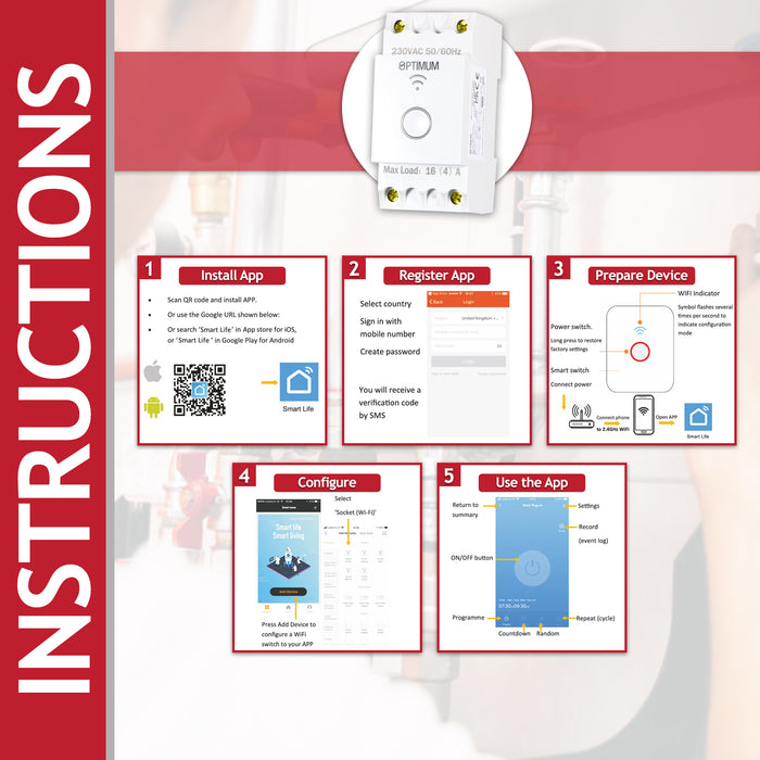 Optimum Wi-Fi DIN Rail Time Switch 230V 50Hz 16(4)A Programmable Timer (OP-DRWF01)
