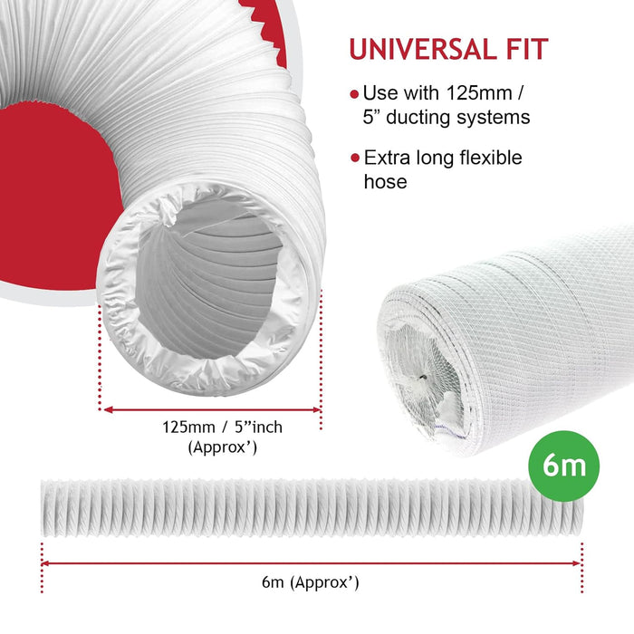 Cooker Hood Vent Hose 6 Metre 5" 5.9" Duct Pipe Extension Threaded Coupler Connector Ring Kit