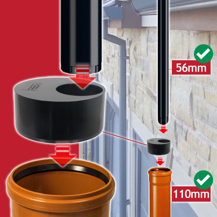 110mm to 56mm (50mm) Solvent Weld Soil System Waste Pipe Reducer Adaptor (Black)