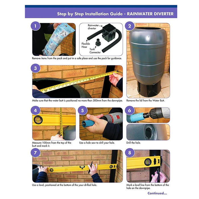 Rainwater Diverter 65mm Square 68mm Round Downpipe Water Butt Kit (Black)