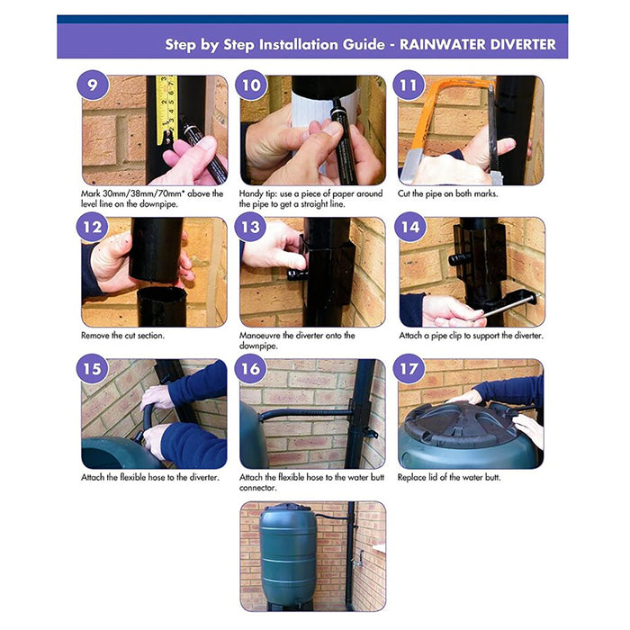 Rainwater Diverter 65mm Square 68mm Round Downpipe Water Butt Kit (White)