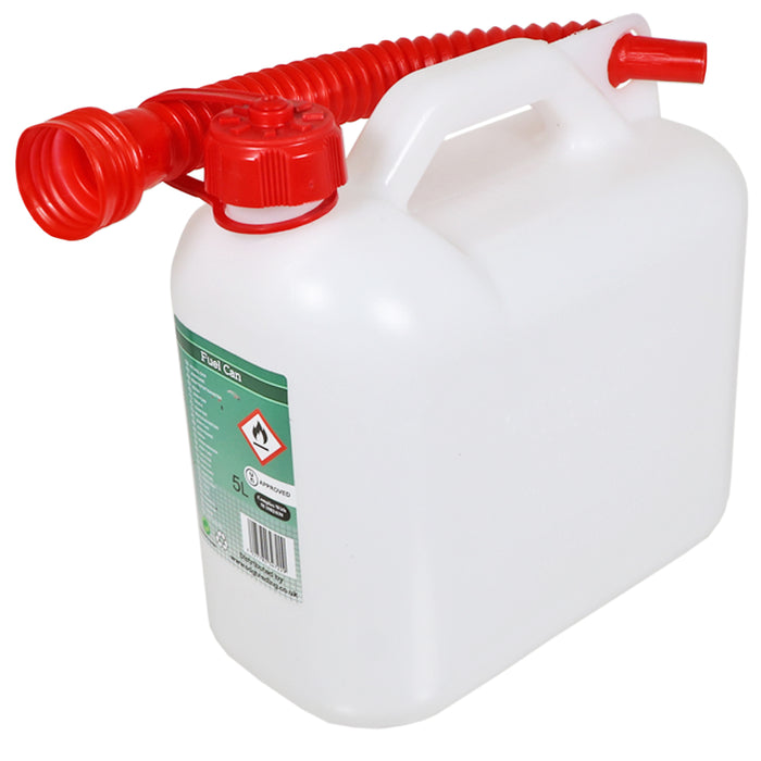 Fuel Can 5L Large Plastic Petrol Diesel Jerry Can Clear Opaque Extension Spout White / Red