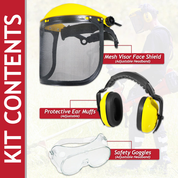 Face Shield Ear Muffs Safety Goggles Kit Adjustable Mesh Visor Eyes Ears Protection PPE Set (One Size Fits All)