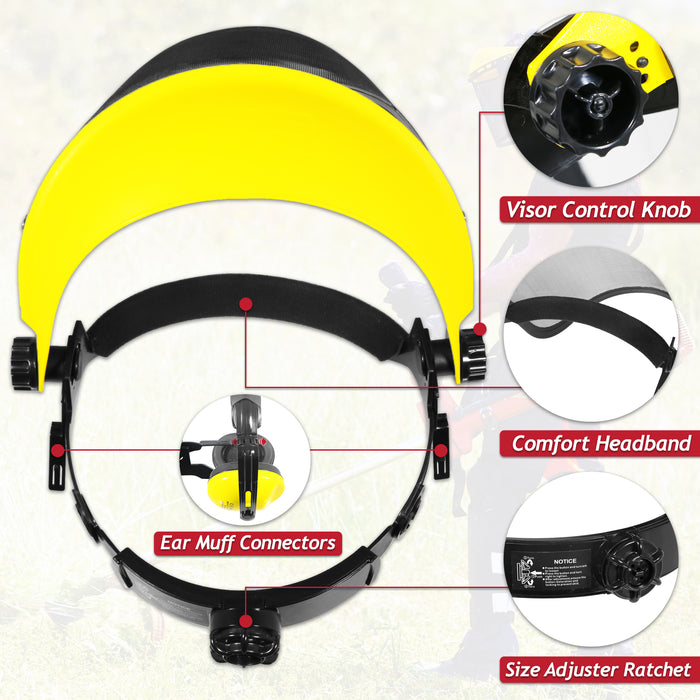 Face Shield Ear Muffs Safety Goggles Kit Adjustable Mesh Visor Eyes Ears Protection PPE Set (One Size Fits All)