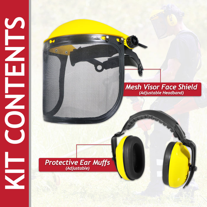 Face Shield Ear Muffs Safety Kit Adjustable Mesh Visor Eyes Ears Protection PPE Set (One Size Fits All)