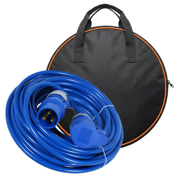 16A Extension Lead 14m 240V 1.5mm Extra Long Outdoor Caravan Motorhome Hook Up Power Cable (Blue) + Storage Bag