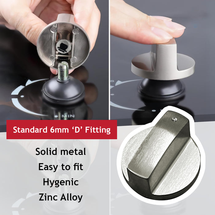 UNIVERSAL Metal Oven Knob Switch Silver Cooktop Stove Hob 6mm D Replacement