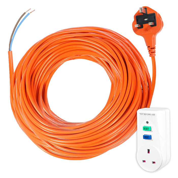 Lawnmower Power Cable 20 Metre Mains Lead + RCD Safety Plug Trip Switch Adaptor