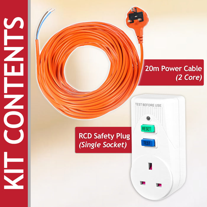 Lawnmower Power Cable 20 Metre Mains Lead + RCD Safety Plug Trip Switch Adaptor
