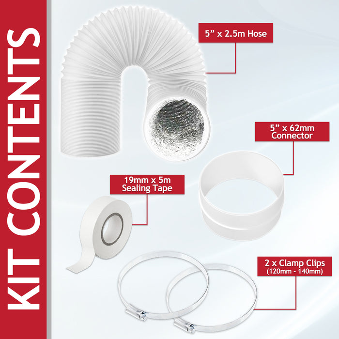 Universal HVAC Vent Hose 5" x 2.5m PVC Aluminium Foil Insulated Duct Exhaust Outlet Pipe Extension Kit