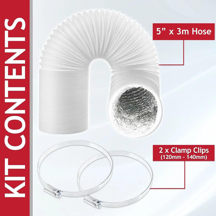 Vent Hose for Delonghi Air Con Conditioner Conditioning 3m 5" AC Extension Pipe + Clips
