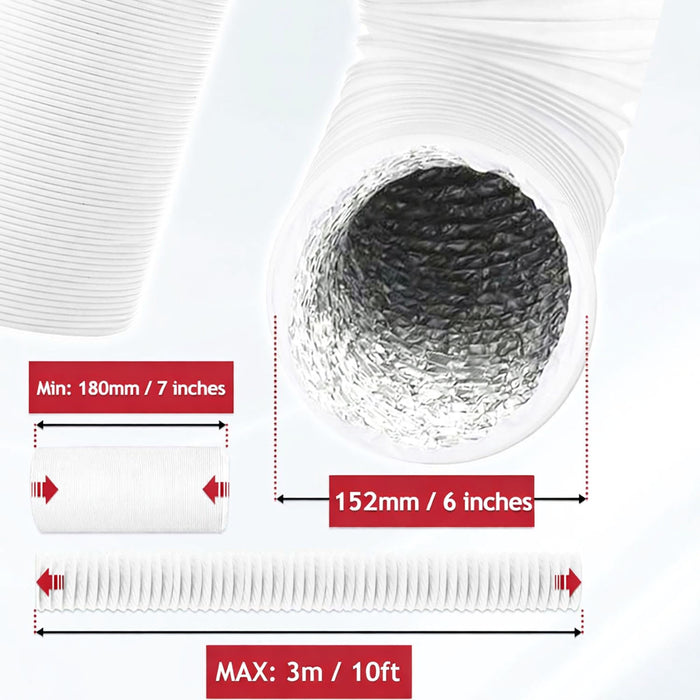 AC Duct Hose for Daewoo Air Con 6" Aluminium Foil Insulated PVC Flexible Vent Pipe 152mm 3 Metre + Clips x 2