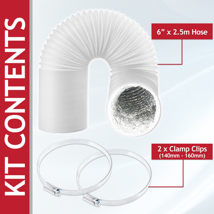Universal HVAC Vent Hose 6" x 2.5m PVC Aluminium Foil Insulated Duct Exhaust Outlet Pipe + Clamp Clips