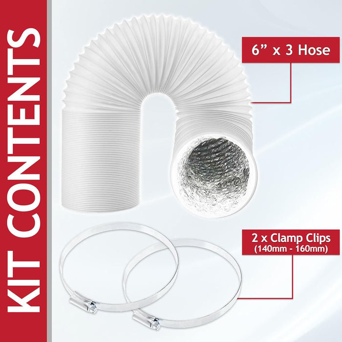 Insulated Vent Hose for Zanussi Flexible PVC Aluminium Foil Lined Duct Outlet Pipe + Clamp Clips (6" x 3m)
