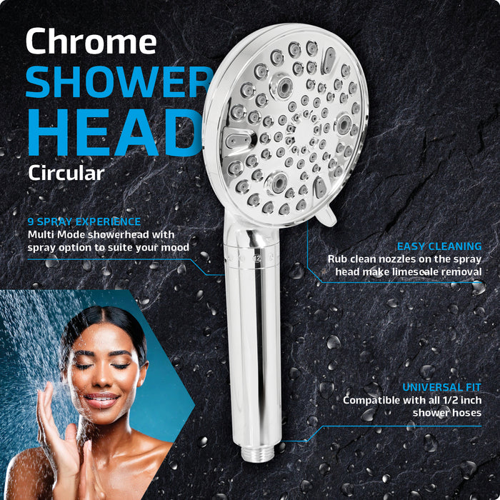 Shower Head with Filter and Hose Kit Multi Function 9 Power Modes Massage Mist Chrome