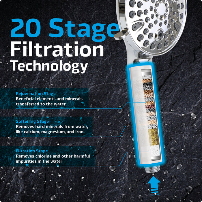 Shower Head with Filter and Hose Kit Multi Function 9 Power Modes Massage Mist Chrome
