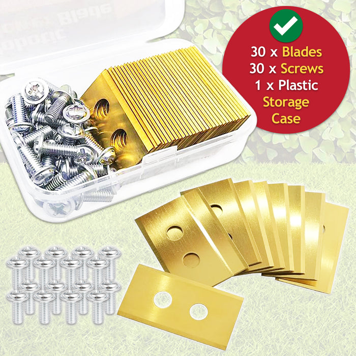 Blades for Einhell Freelexo 500 600 800 900 1200 GC-RM 500 Robot Lawnmower Titanium Coated 3414020 (Pack of 30 + Screws + Case)