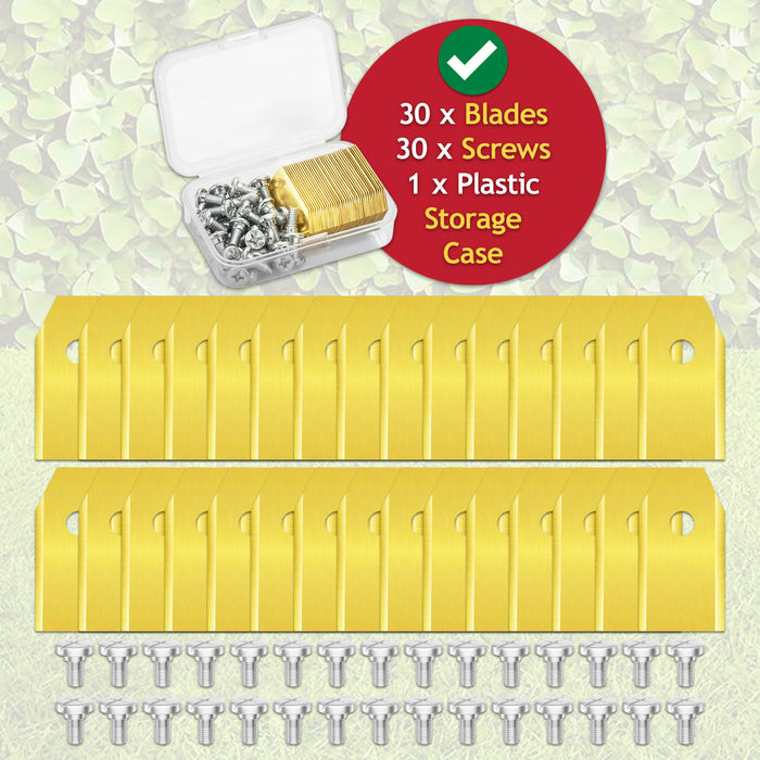 Blades for Gardena Smart Sileno City Life R38Li R40Li R50Li R70Li R80Li Robot Lawnmower Titanium Coated 535138802 (Pack of 30 + Screws + Case)