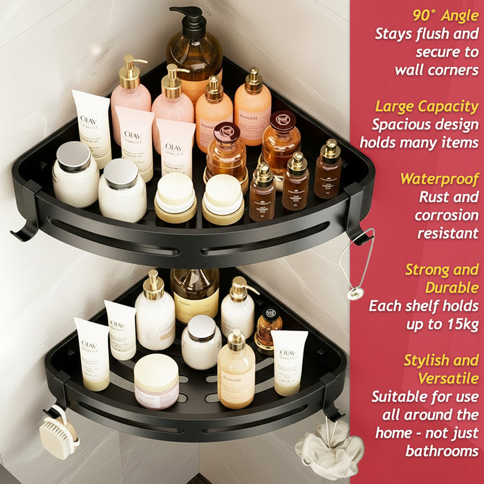 Luxury Shower Corner Shelf Storage Rack Bathroom Kitchen Bedroom Caddy Organiser (Matt Black)