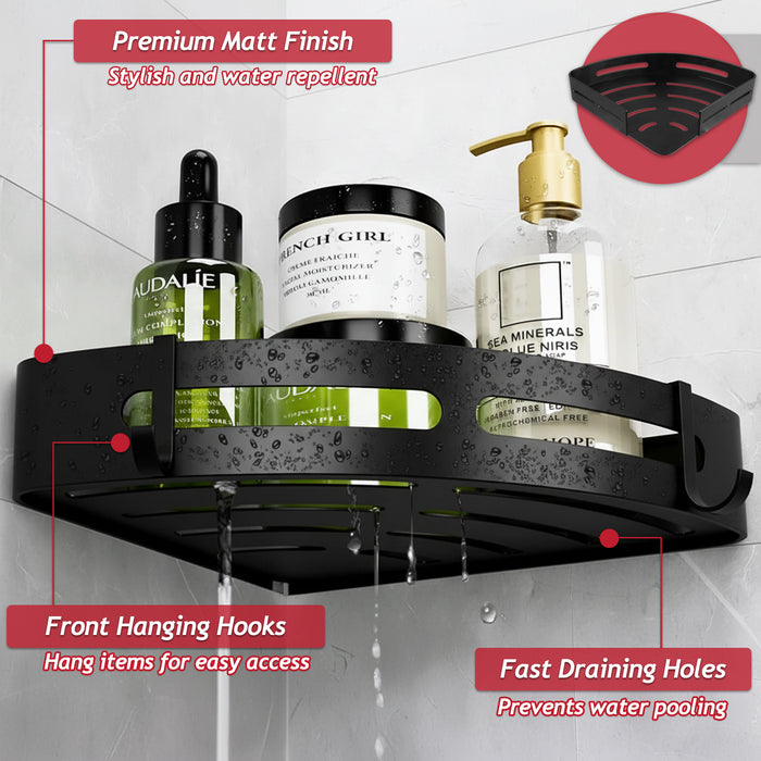 Luxury Shower Corner Shelf Storage Rack Bathroom Kitchen Bedroom Caddy Organiser (Matt Black, Pack of 2)