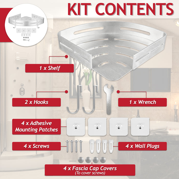 Luxury Shower Corner Shelf Storage Rack Bathroom Kitchen Bedroom Caddy Organiser (Brushed Silver)