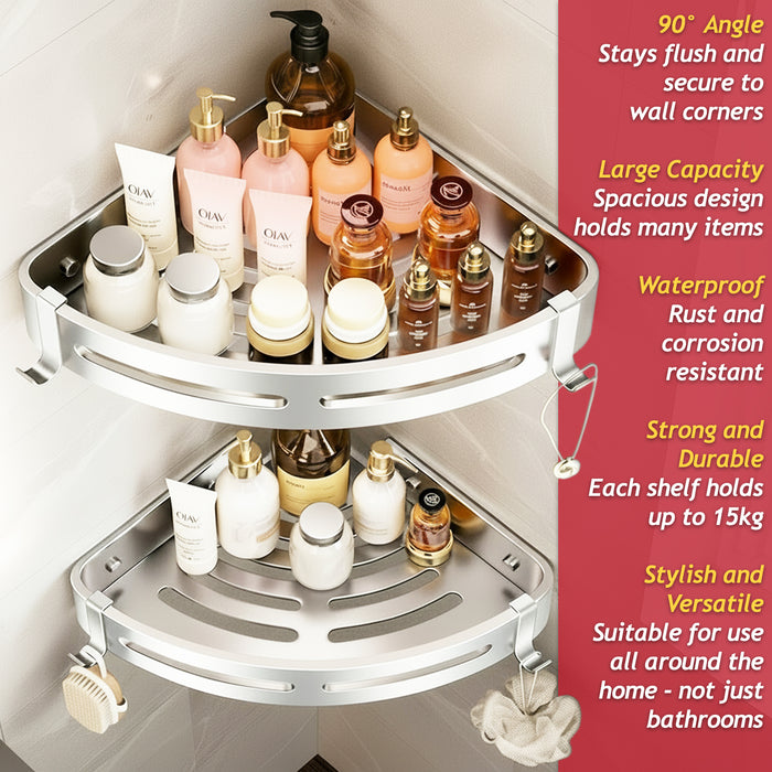 Luxury Shower Corner Shelf Storage Rack Bathroom Kitchen Bedroom Caddy Organiser (Brushed Silver, Pack of 2)