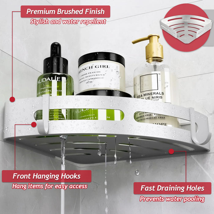 Luxury Shower Corner Shelf Storage Rack Bathroom Kitchen Bedroom Caddy Organiser (Brushed Silver, Pack of 2)