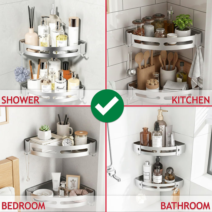 Luxury Shower Corner Shelf Storage Rack Bathroom Kitchen Bedroom Caddy Organiser (Brushed Silver, Pack of 2)