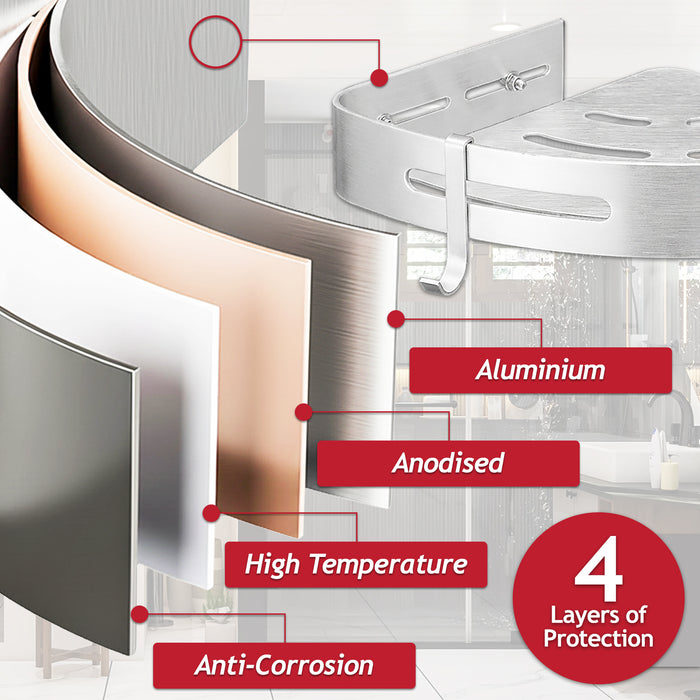 Luxury Shower Corner Shelf Storage Rack Bathroom Kitchen Bedroom Caddy Organiser (Brushed Silver, Pack of 2)