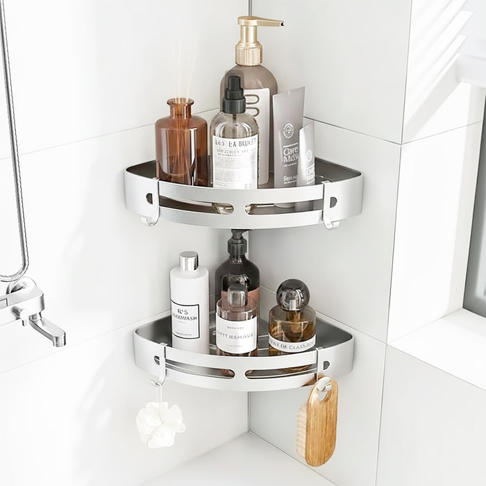 Luxury Shower Corner Shelf Storage Rack Bathroom Kitchen Bedroom Caddy Organiser (Brushed Silver)