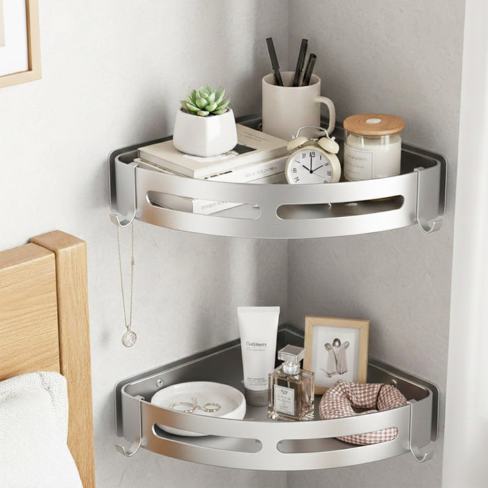Luxury Shower Corner Shelf Storage Rack Bathroom Kitchen Bedroom Caddy Organiser (Brushed Silver, Pack of 2)