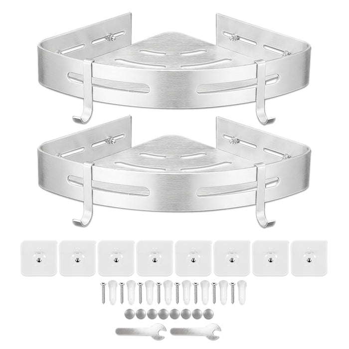 Luxury Shower Corner Shelf Storage Rack Bathroom Kitchen Bedroom Caddy Organiser (Brushed Silver, Pack of 2)