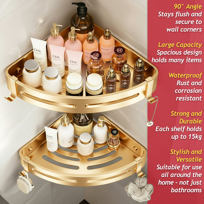 Luxury Shower Corner Shelf Storage Rack Bathroom Kitchen Bedroom Caddy Organiser (Brushed Gold, Pack of 2)