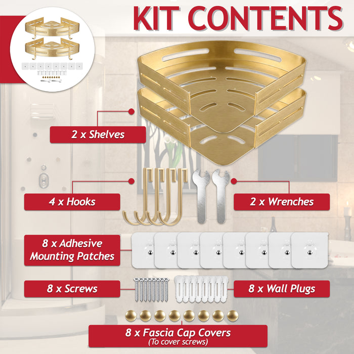 Luxury Shower Corner Shelf Storage Rack Bathroom Kitchen Bedroom Caddy Organiser (Brushed Gold, Pack of 2)