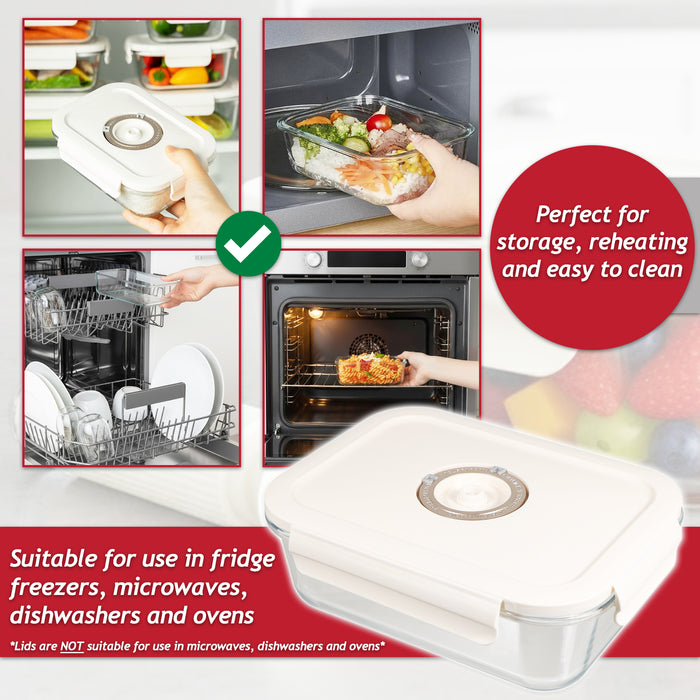 Vacuum Food Storage Glass Containers with Securing Clips Lids (Small, Medium, Large) + Manual Sealing Pump