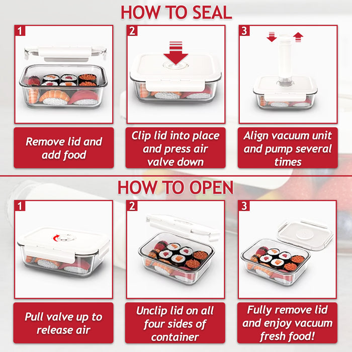 Vacuum Food Storage Glass Container with Securing Clips Lid + Manual Sealing Pump (Medium, 1040ml)