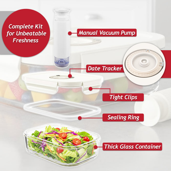 Vacuum Food Storage Glass Container with Securing Clips Lid + Manual Sealing Pump (Large, 1480ml)