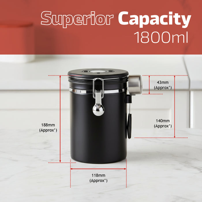 Coffee Bean Storage Container Large Airtight Steel Jar Canister + Spoon 1.8L