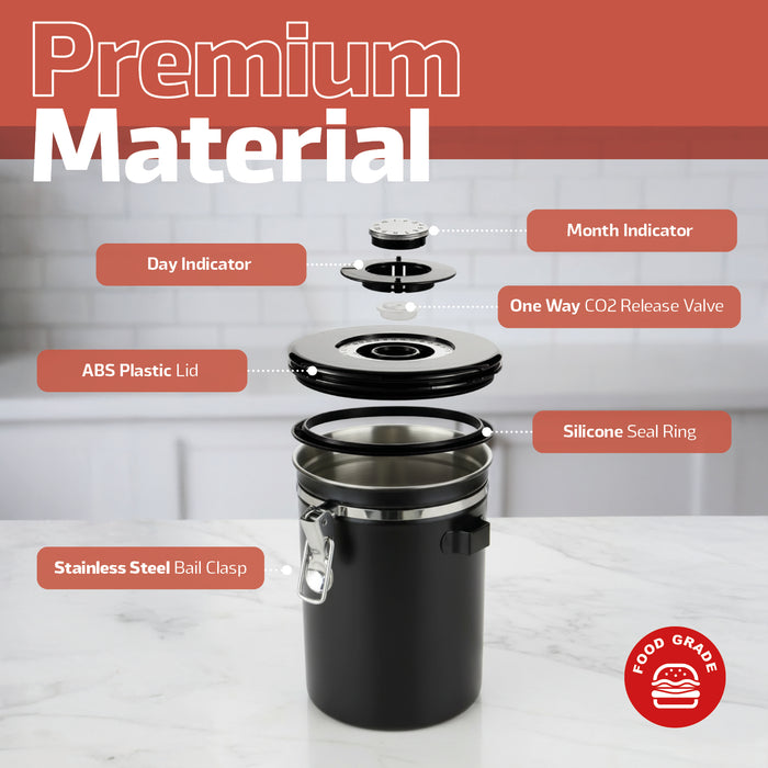 Coffee Bean Storage Container Large Airtight Steel Jar Canister + Spoon 1.8L